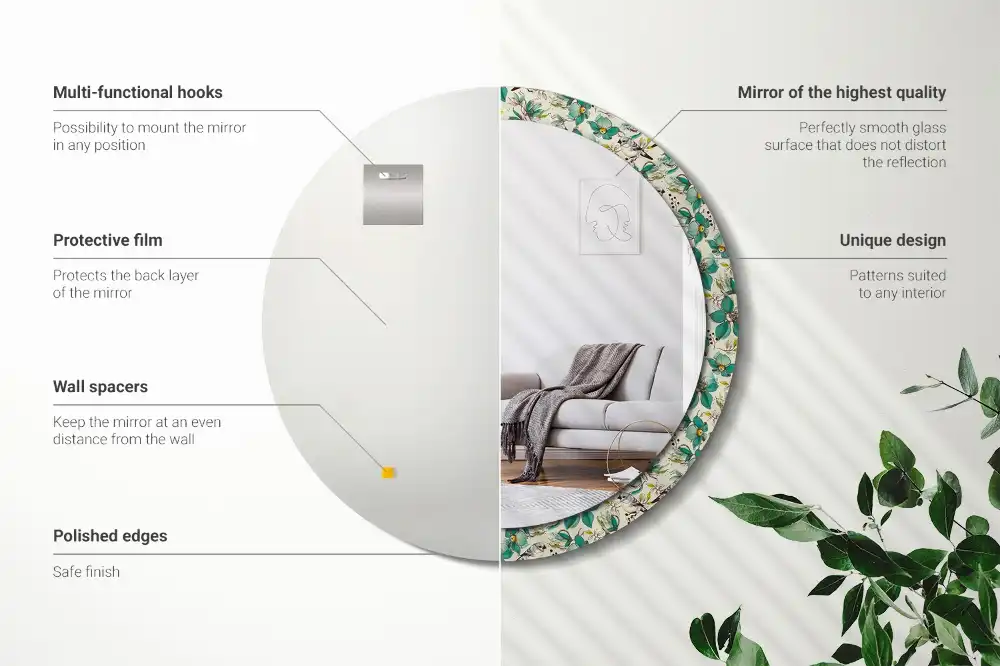 Miroir rond avec décoration oiseaux et fleurs