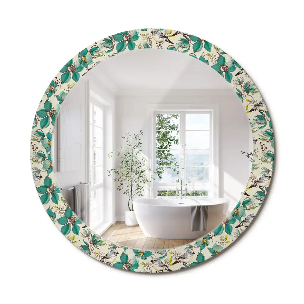Miroir rond avec décoration oiseaux et fleurs