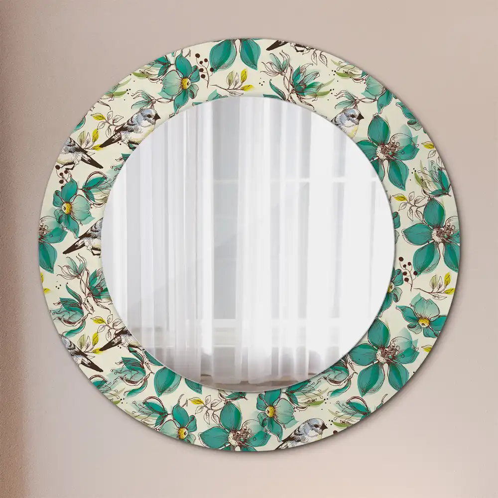 Miroir rond avec décoration oiseaux et fleurs