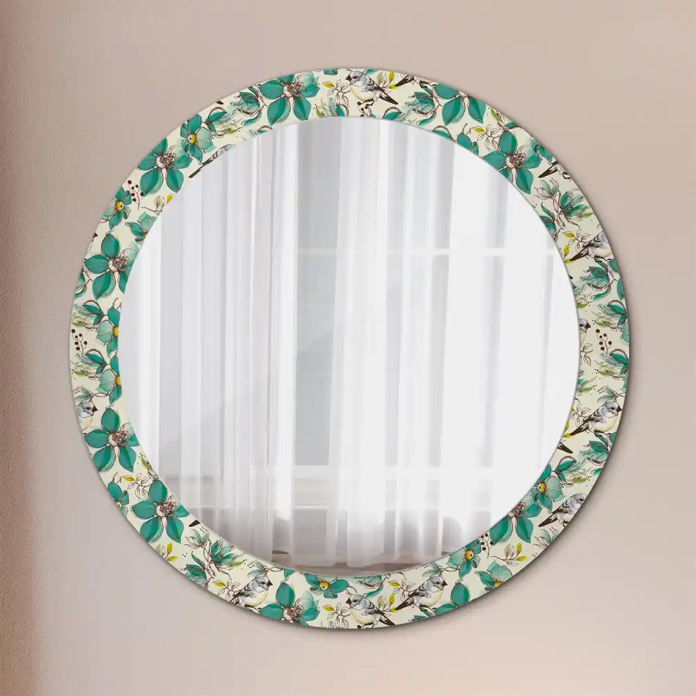 Miroir rond avec décoration oiseaux et fleurs