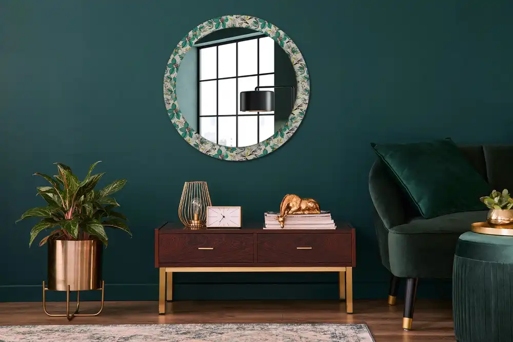 Miroir rond avec décoration oiseaux et fleurs