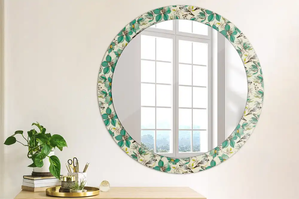 Miroir rond avec décoration oiseaux et fleurs