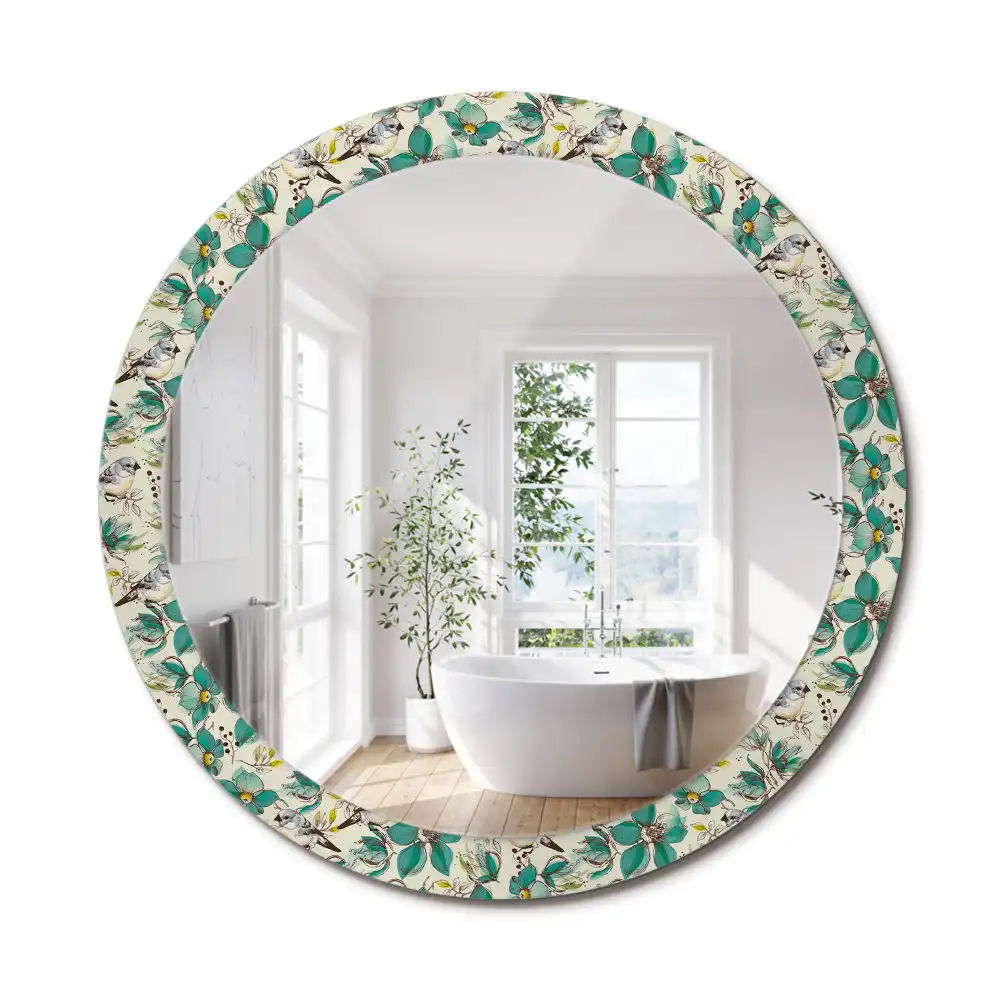 Miroir rond avec décoration oiseaux et fleurs