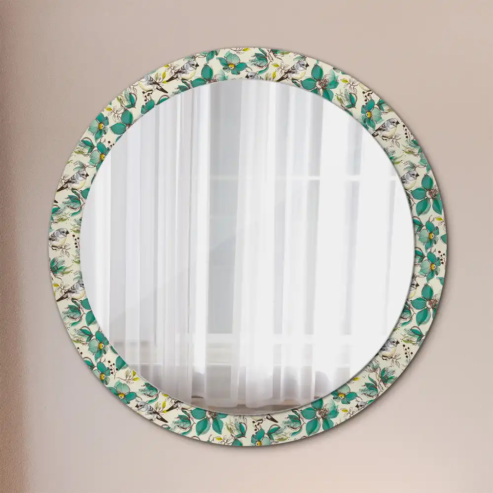 Miroir rond avec décoration oiseaux et fleurs