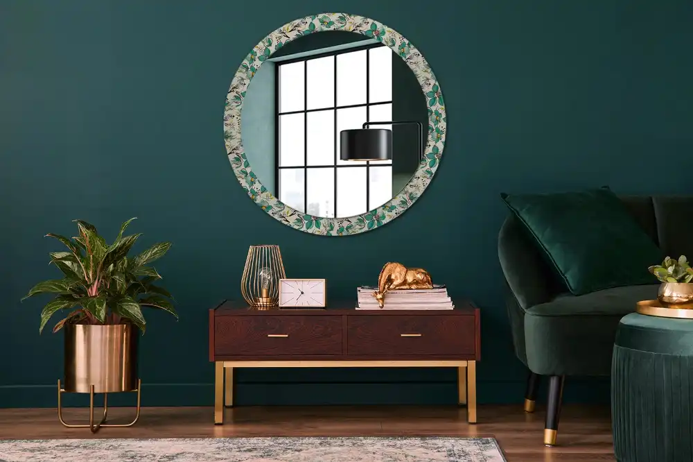 Miroir rond avec décoration oiseaux et fleurs
