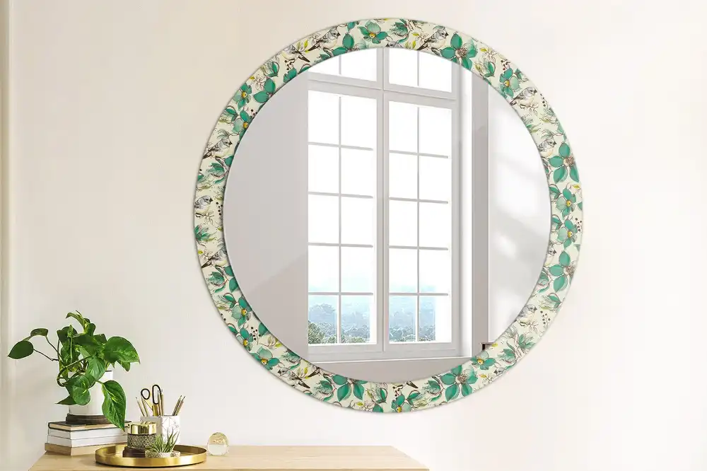 Miroir rond avec décoration oiseaux et fleurs