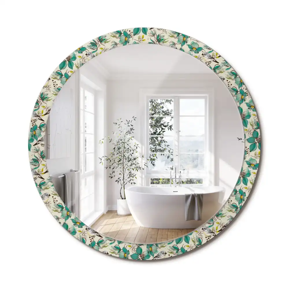 Miroir rond avec décoration oiseaux et fleurs