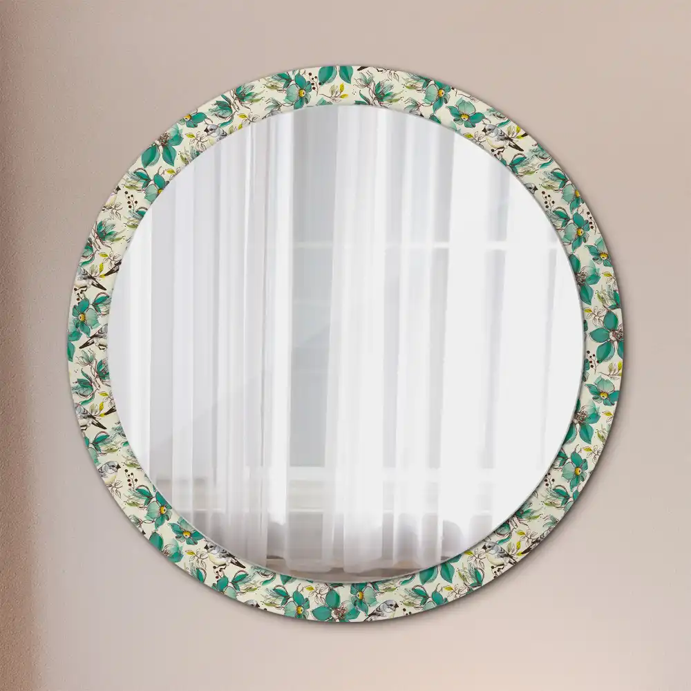 Miroir rond avec décoration oiseaux et fleurs