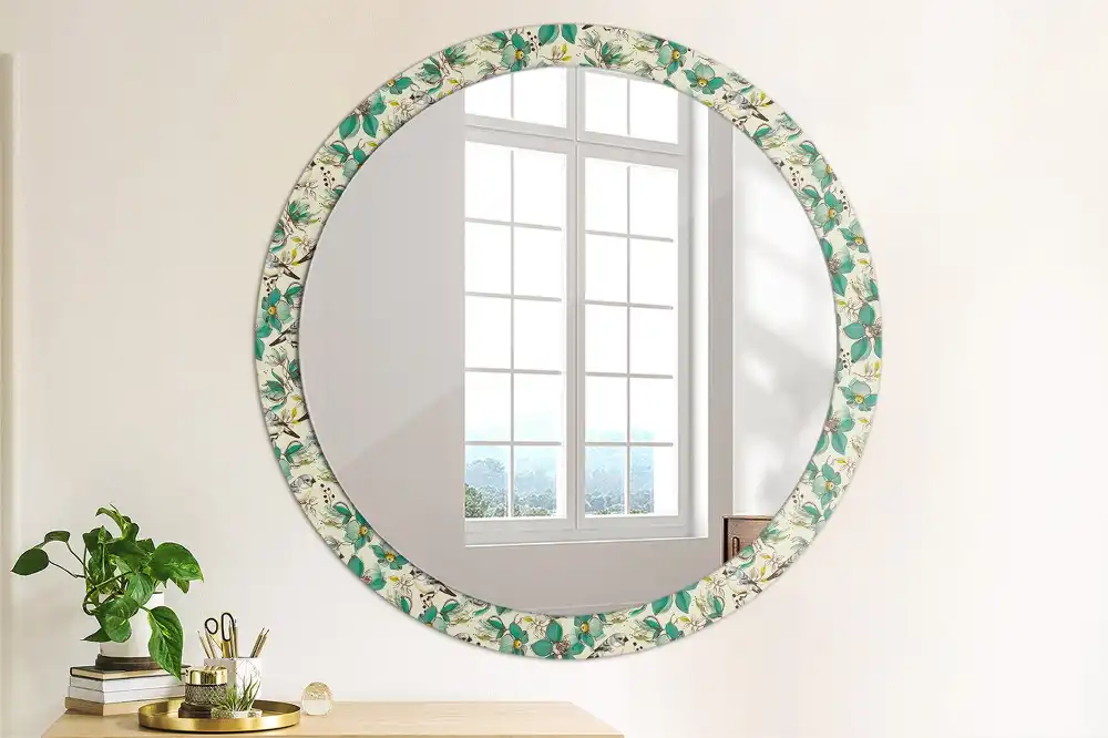 Miroir rond avec décoration oiseaux et fleurs