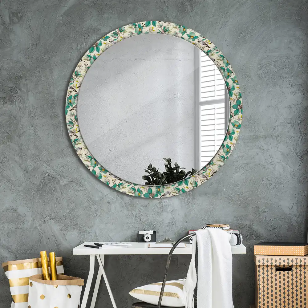 Miroir rond avec décoration oiseaux et fleurs