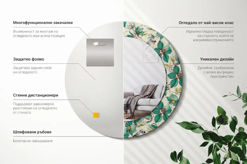Miroir rond avec décoration oiseaux et fleurs