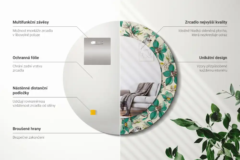 Miroir rond avec décoration oiseaux et fleurs