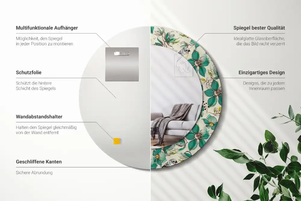 Miroir rond avec décoration oiseaux et fleurs