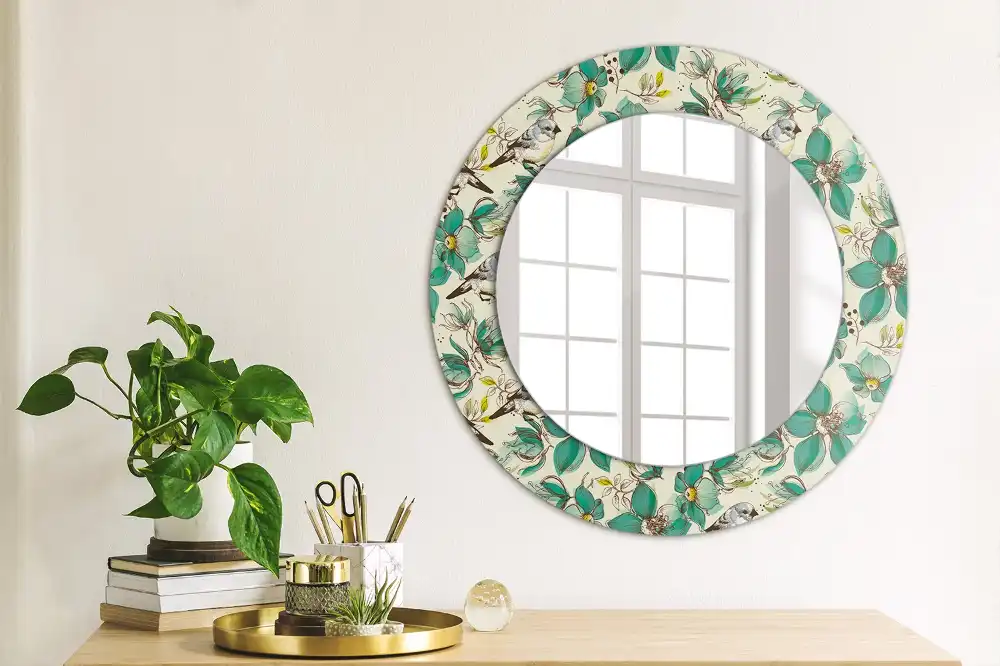 Miroir rond avec décoration oiseaux et fleurs