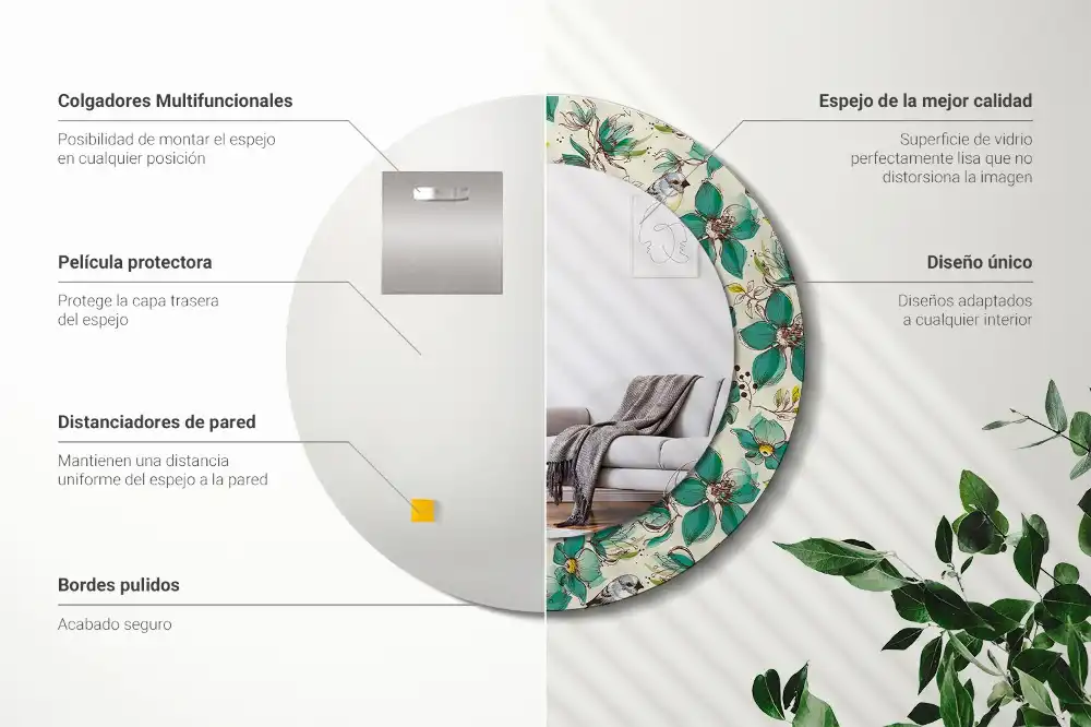Miroir rond avec décoration oiseaux et fleurs