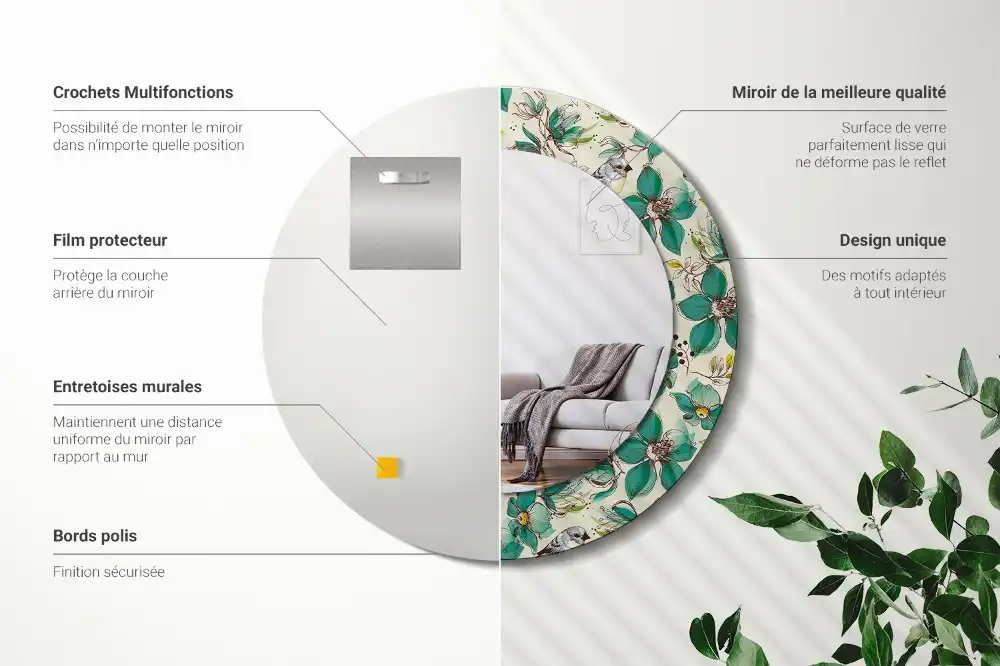 Miroir rond avec décoration oiseaux et fleurs