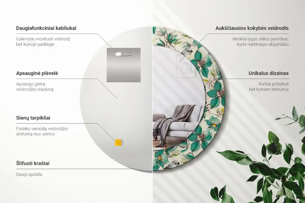 Miroir rond avec décoration oiseaux et fleurs