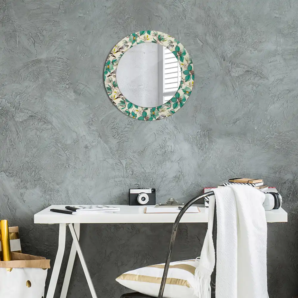Miroir rond avec décoration oiseaux et fleurs