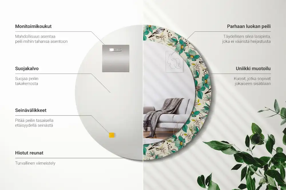 Miroir rond avec décoration oiseaux et fleurs