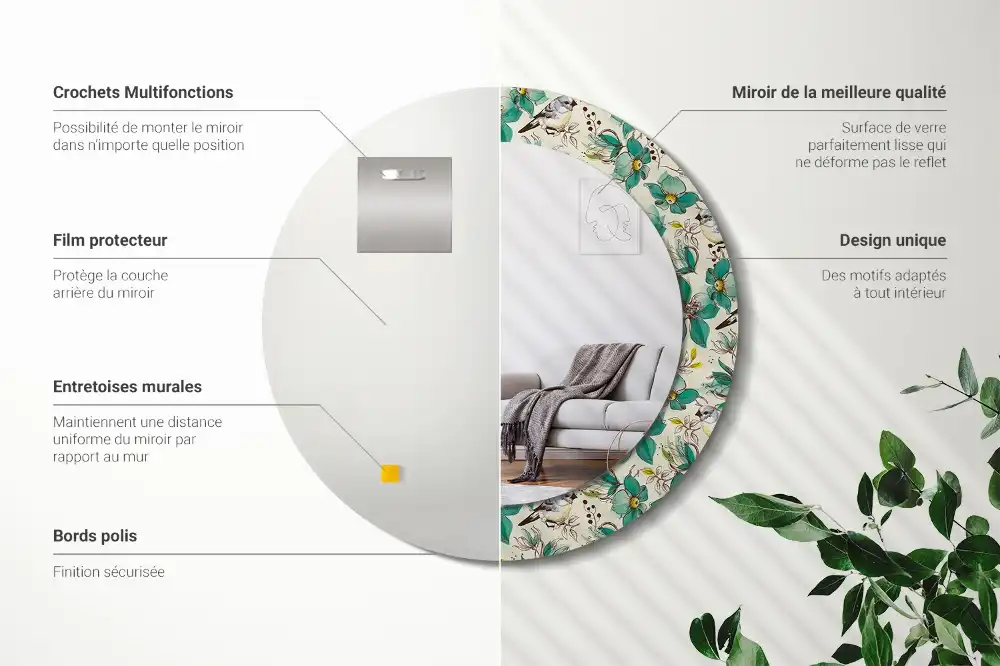 Miroir rond avec décoration oiseaux et fleurs