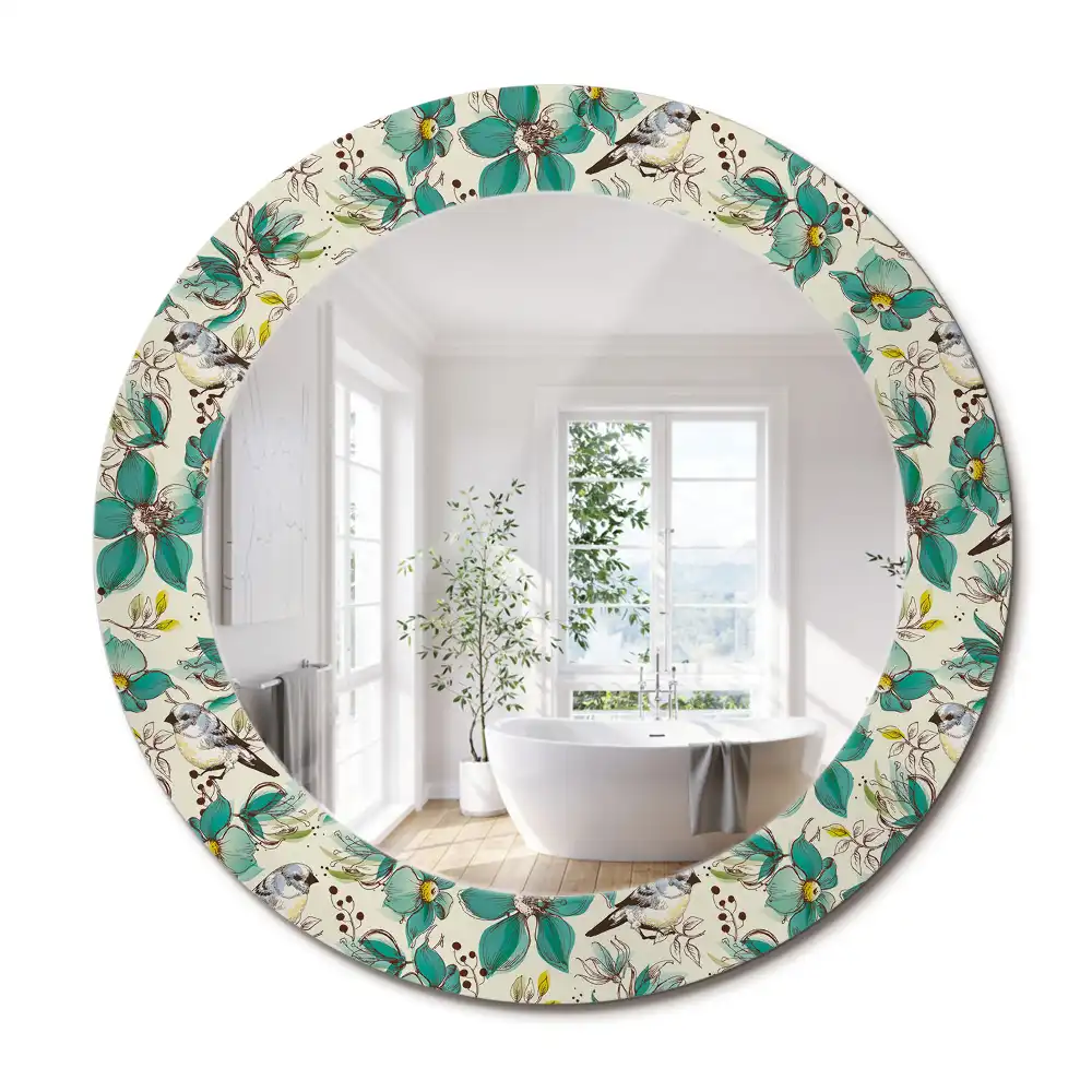 Miroir rond avec décoration oiseaux et fleurs