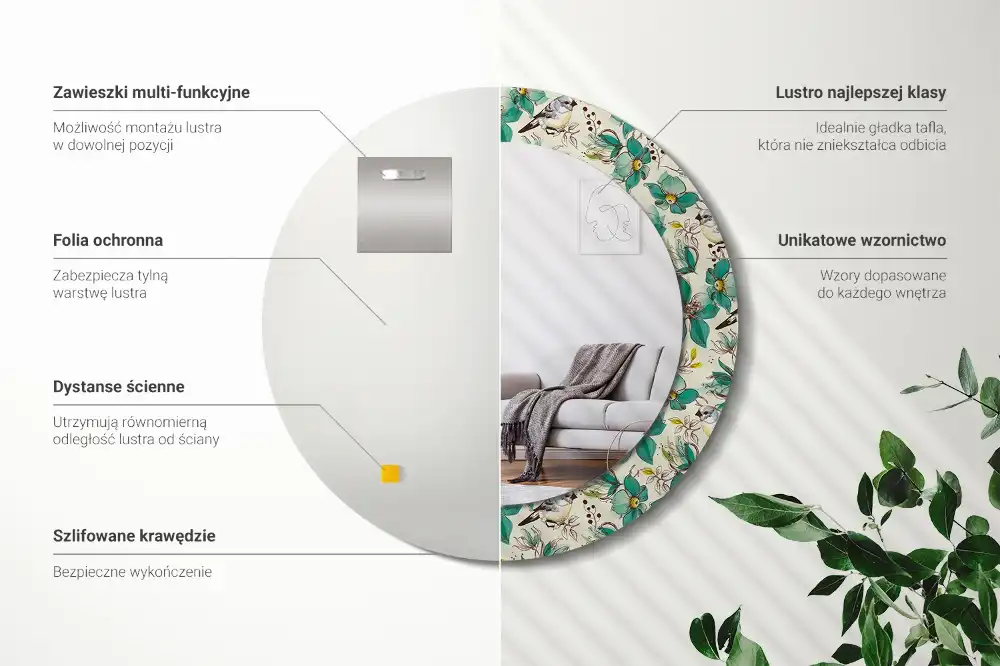 Miroir rond avec décoration oiseaux et fleurs