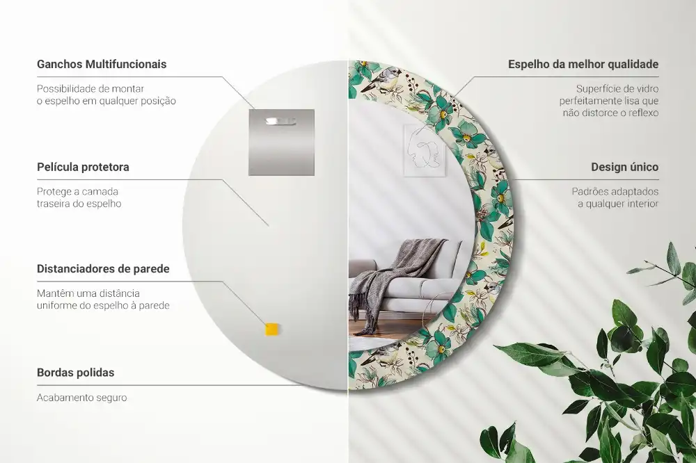Miroir rond avec décoration oiseaux et fleurs