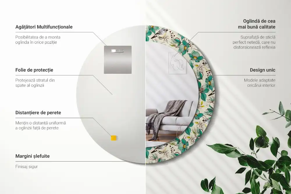 Miroir rond avec décoration oiseaux et fleurs