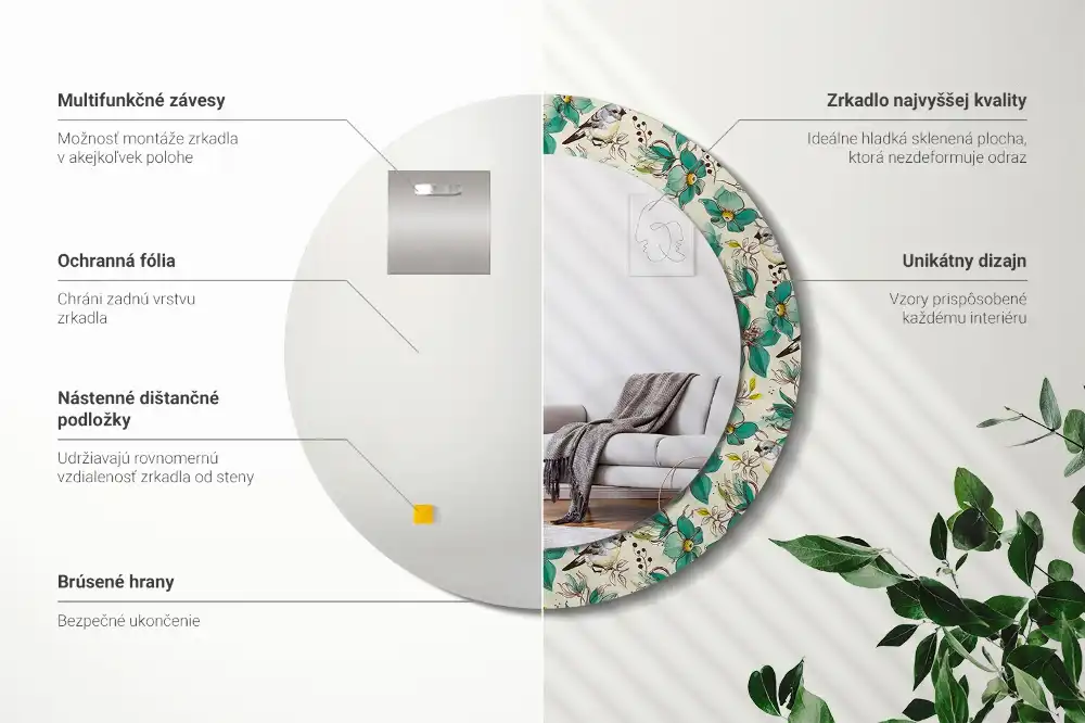 Miroir rond avec décoration oiseaux et fleurs
