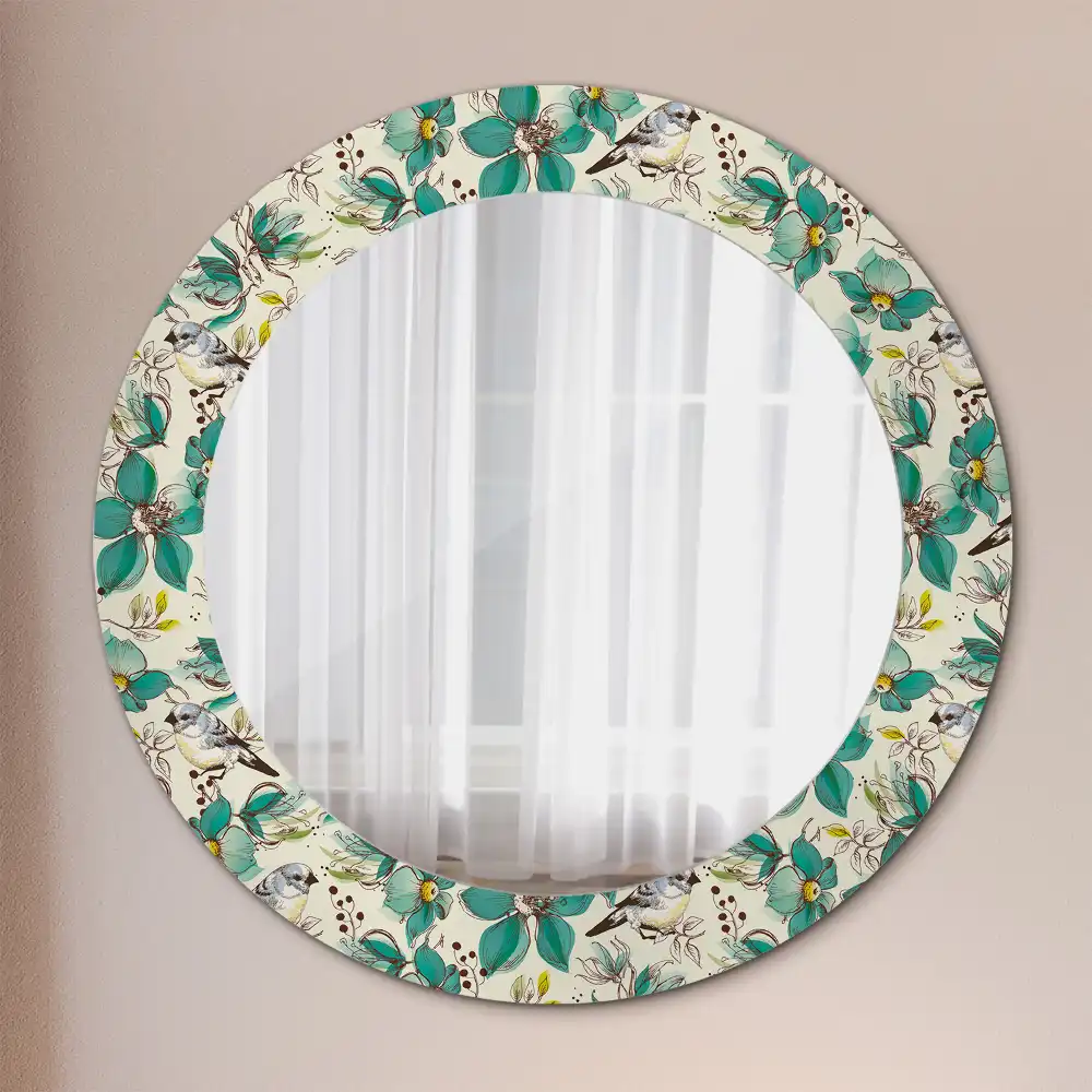 Miroir rond avec décoration oiseaux et fleurs