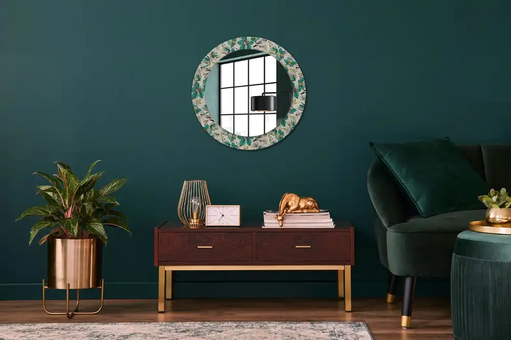 Miroir rond avec décoration oiseaux et fleurs