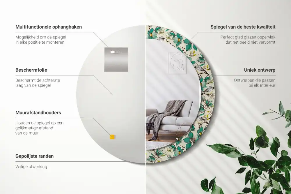 Miroir rond avec décoration oiseaux et fleurs