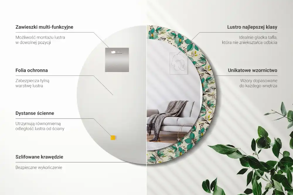 Miroir rond avec décoration oiseaux et fleurs