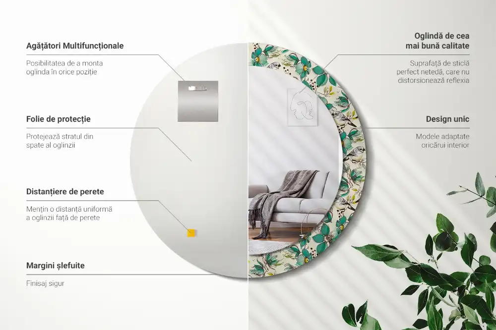 Miroir rond avec décoration oiseaux et fleurs