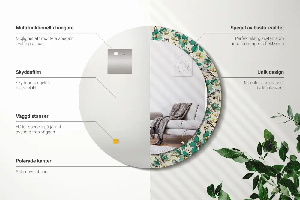 Miroir rond avec décoration oiseaux et fleurs