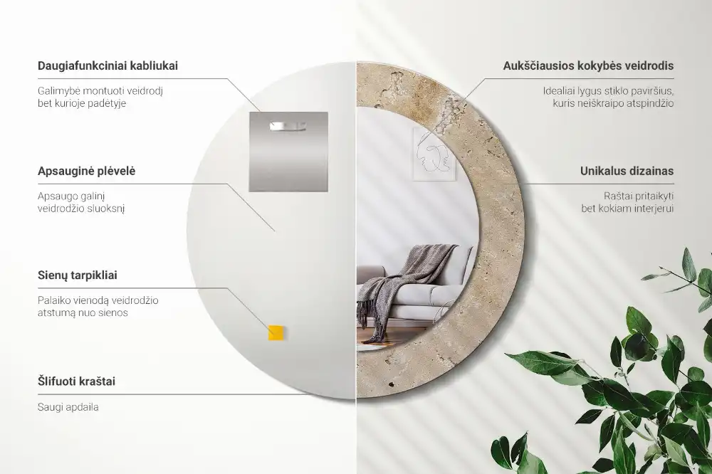 Miroir rond imprimé pierre artificielle