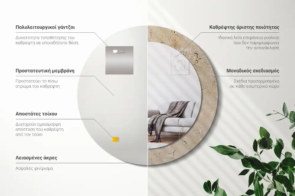 Miroir rond imprimé pierre artificielle