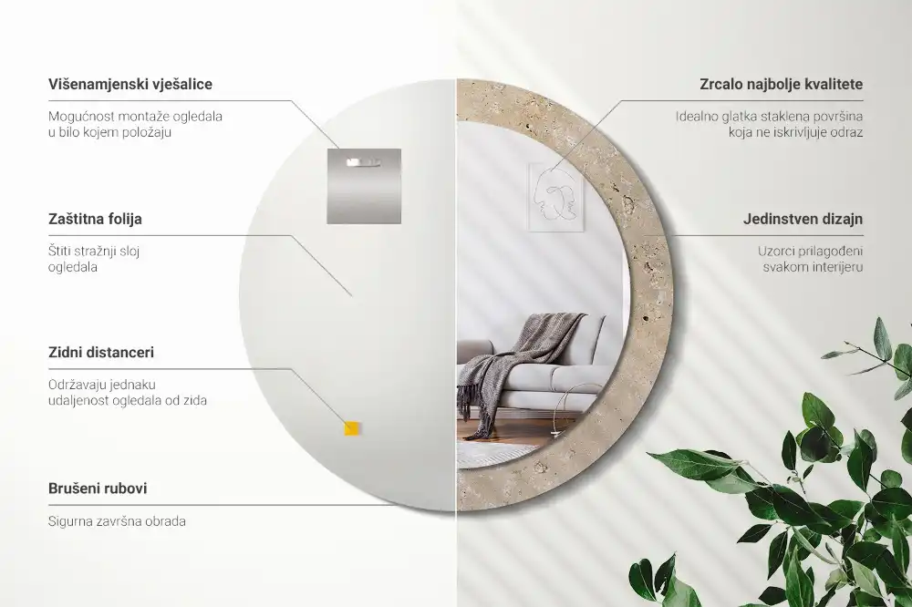 Miroir rond imprimé pierre artificielle