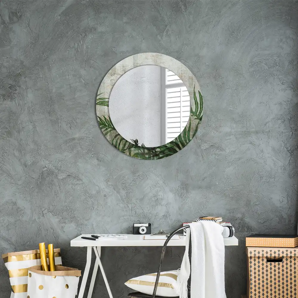 Miroir rond cadre avec impression feuilles de fougère