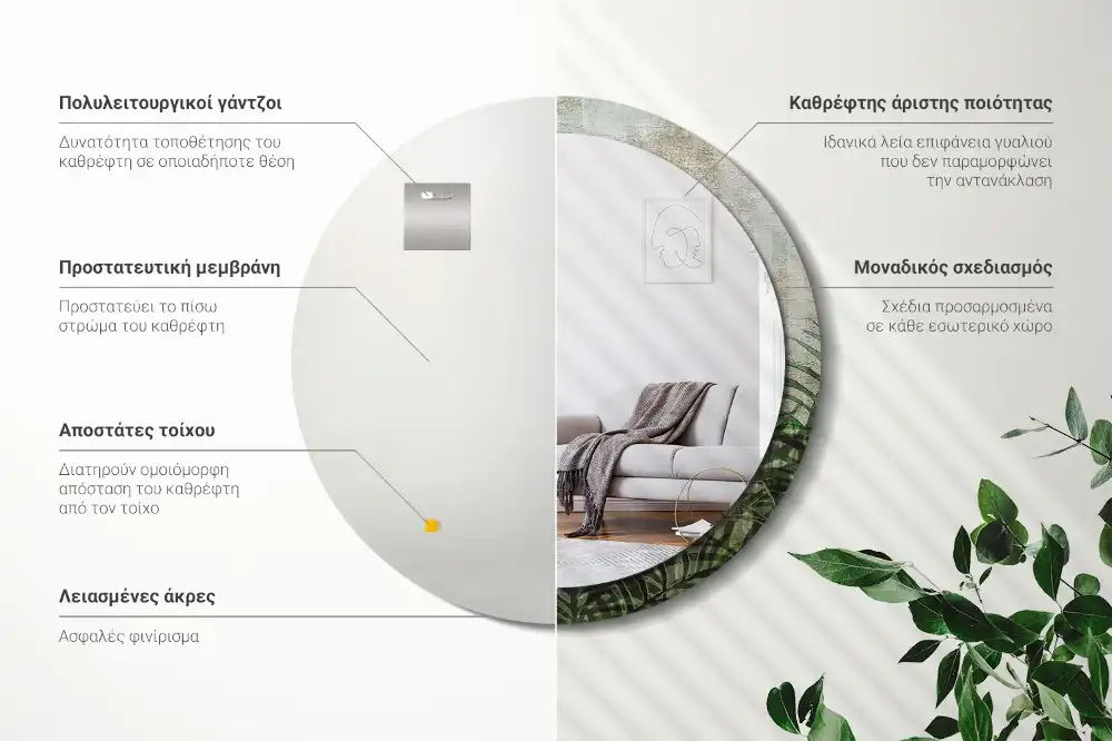 Miroir rond cadre avec impression feuilles de fougère
