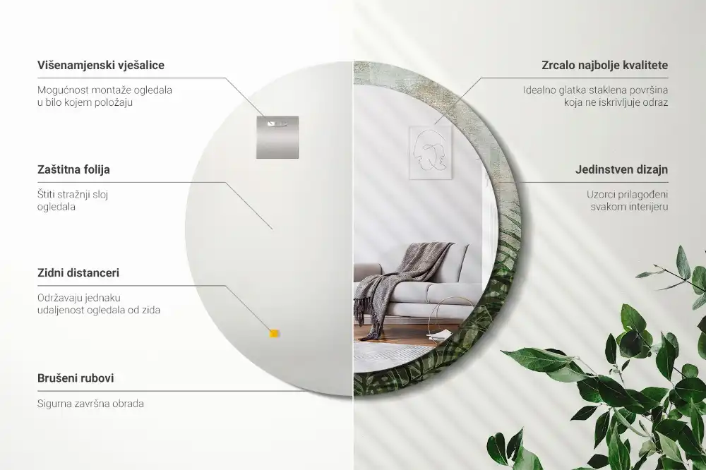 Miroir rond cadre avec impression feuilles de fougère