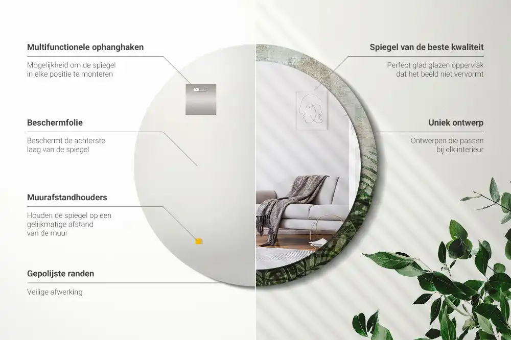 Miroir rond cadre avec impression feuilles de fougère