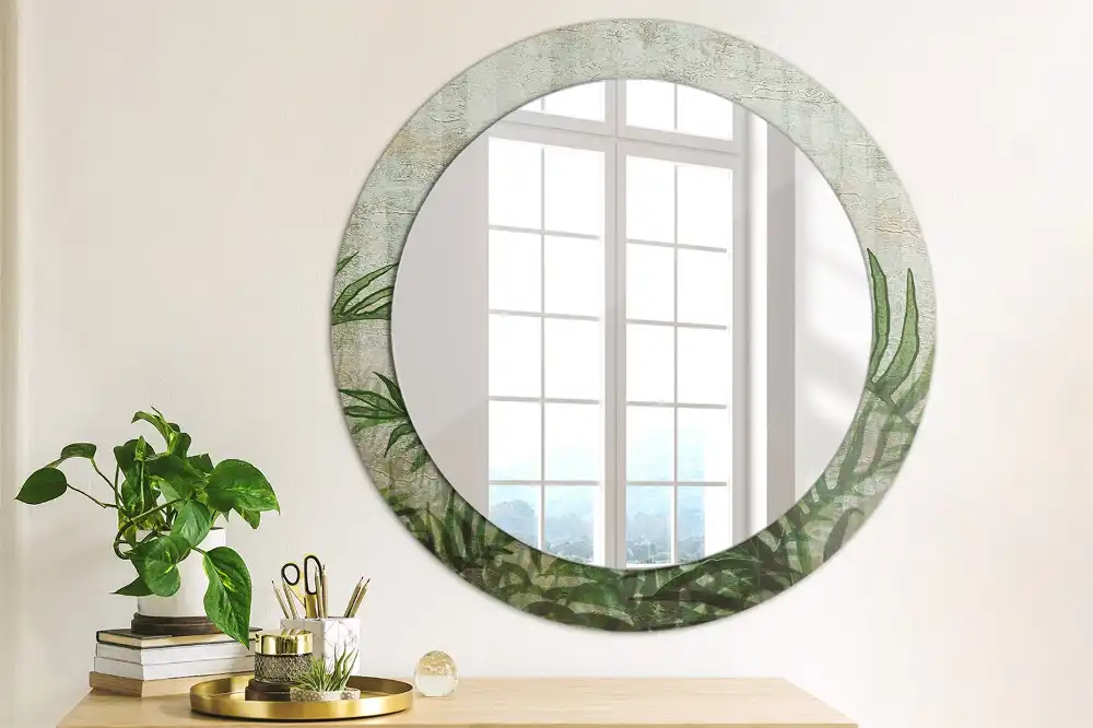 Miroir rond cadre avec impression feuilles de fougère