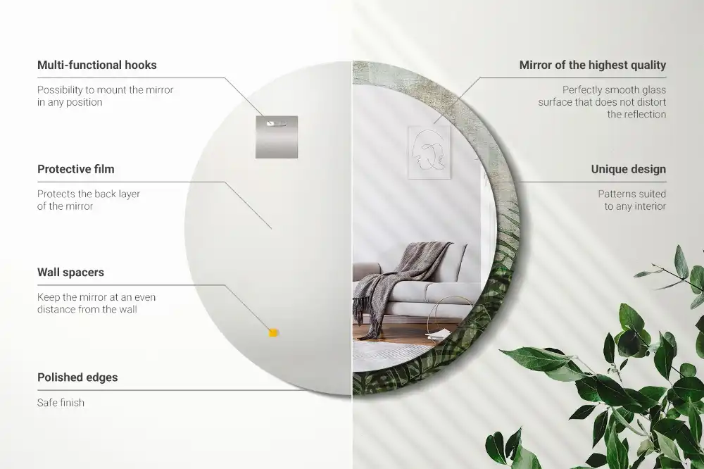 Miroir rond cadre avec impression feuilles de fougère