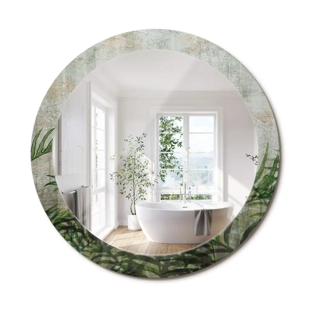 Miroir rond cadre avec impression feuilles de fougère