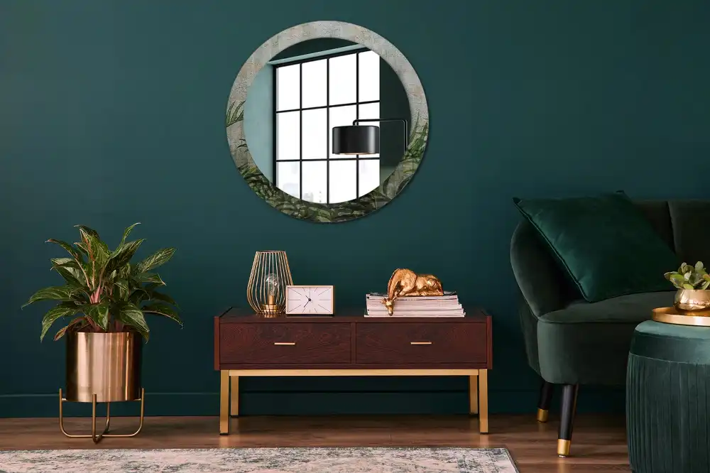 Miroir rond cadre avec impression feuilles de fougère