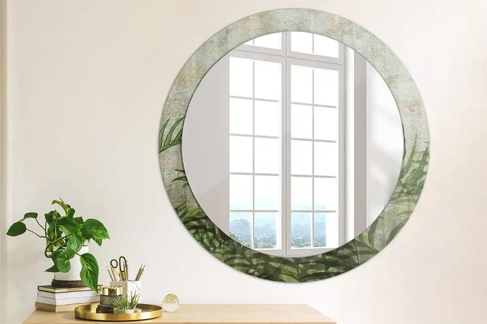 Miroir rond cadre avec impression feuilles de fougère