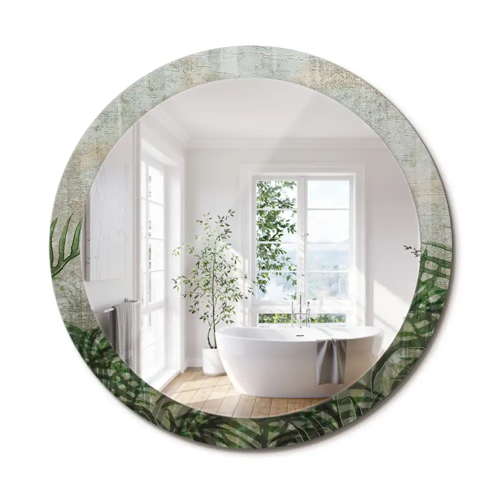 Miroir rond cadre avec impression feuilles de fougère