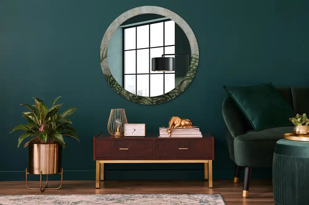 Miroir rond cadre avec impression feuilles de fougère