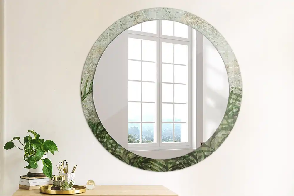 Miroir rond cadre avec impression feuilles de fougère